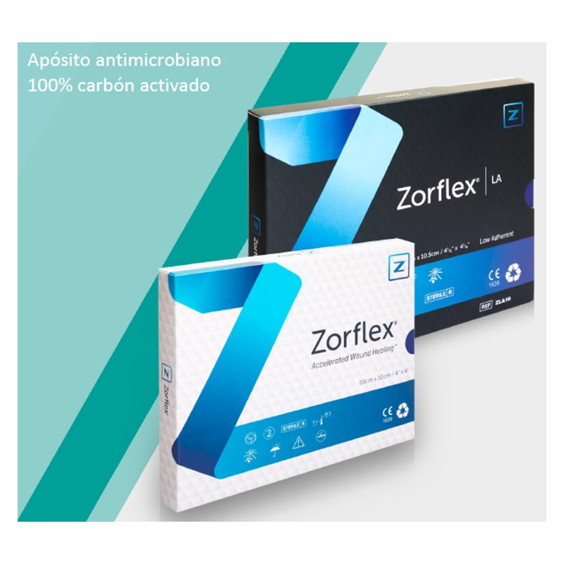 Zorflex apósito antimicrobiano compuesto exclusivamente por carbón activado.