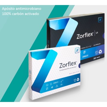 Zorflex apósito antimicrobiano compuesto exclusivamente por carbón activado.
