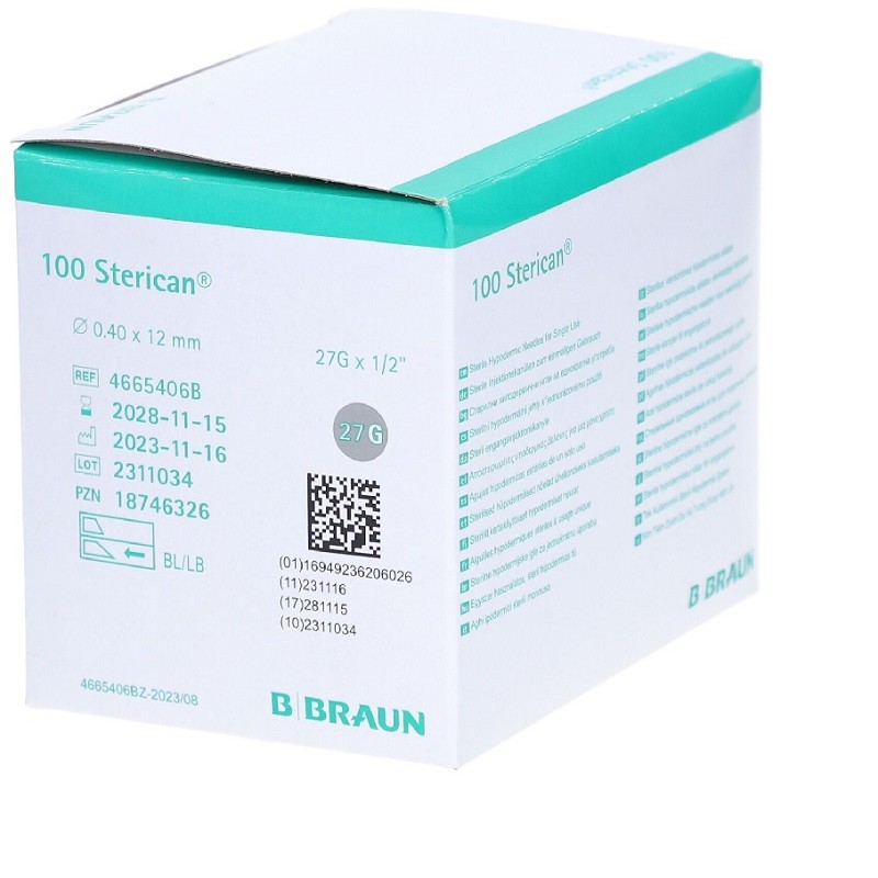 STERICAN Agujas estériles hipodérmicas 27G X 1/2", 0,40x12 mm | 100 Agujas