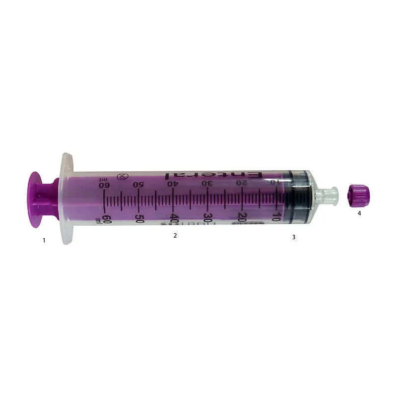 Jeringa ENFit 60 ml con pistón púrpura y conexión descentrada ISO 80369-3