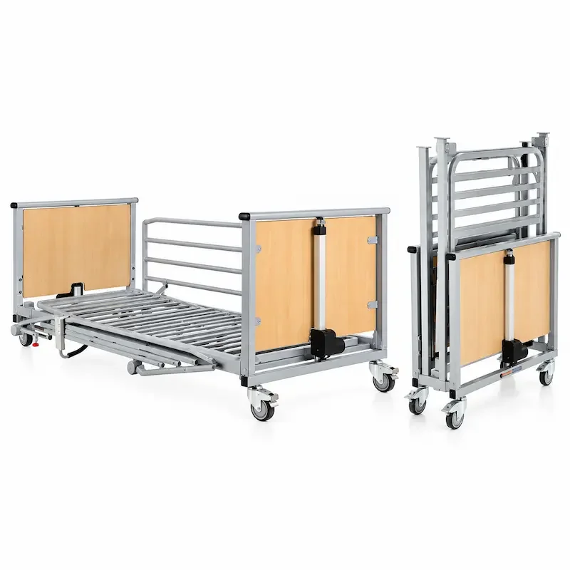 Cama articulada plegable Oval de Tecnimoem con carro elevador y barandillas de acero de 4 barras